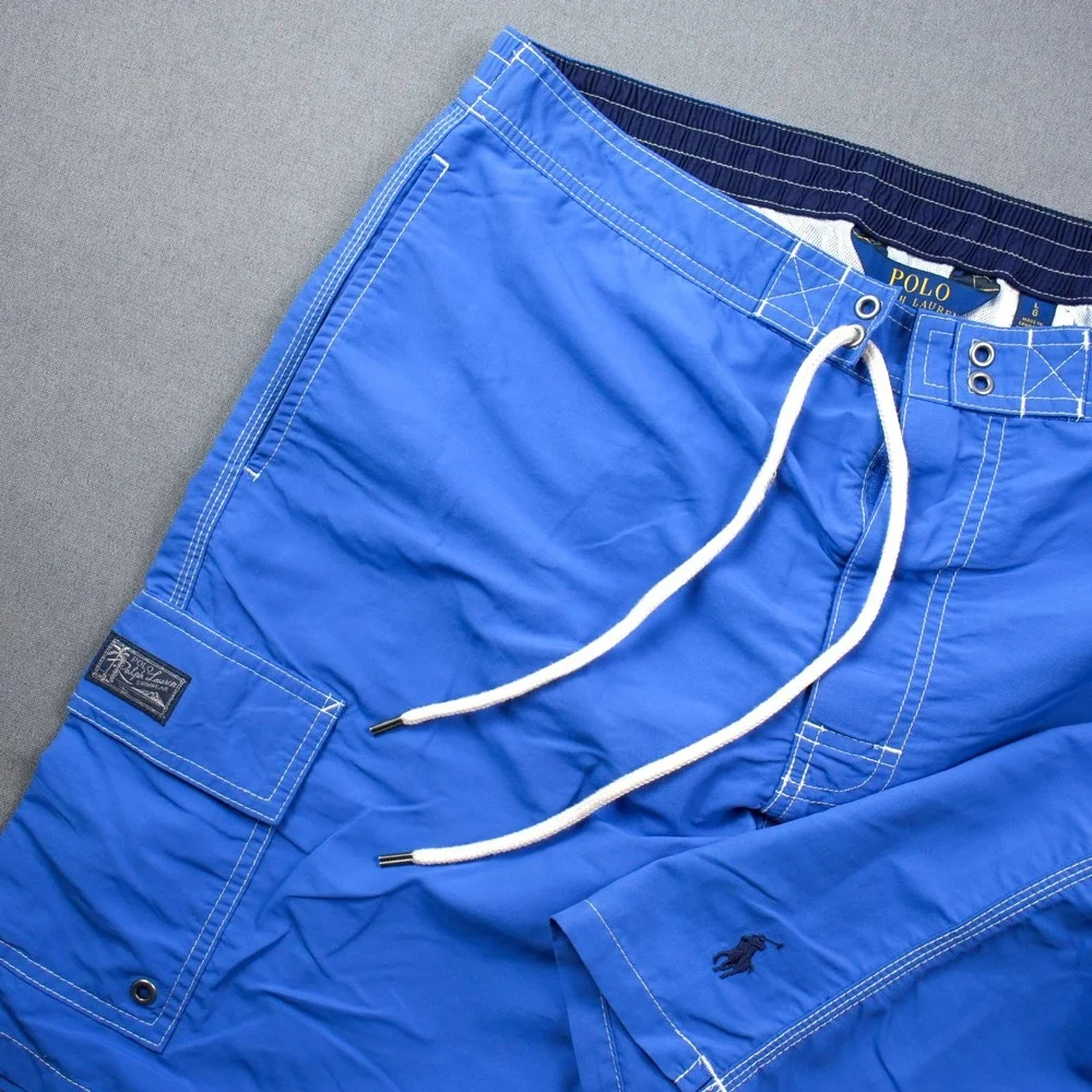 Polo Ralph Lauren Men L Blue Cargo Swim Pool Trunks Board Short Pony Nylon Lined